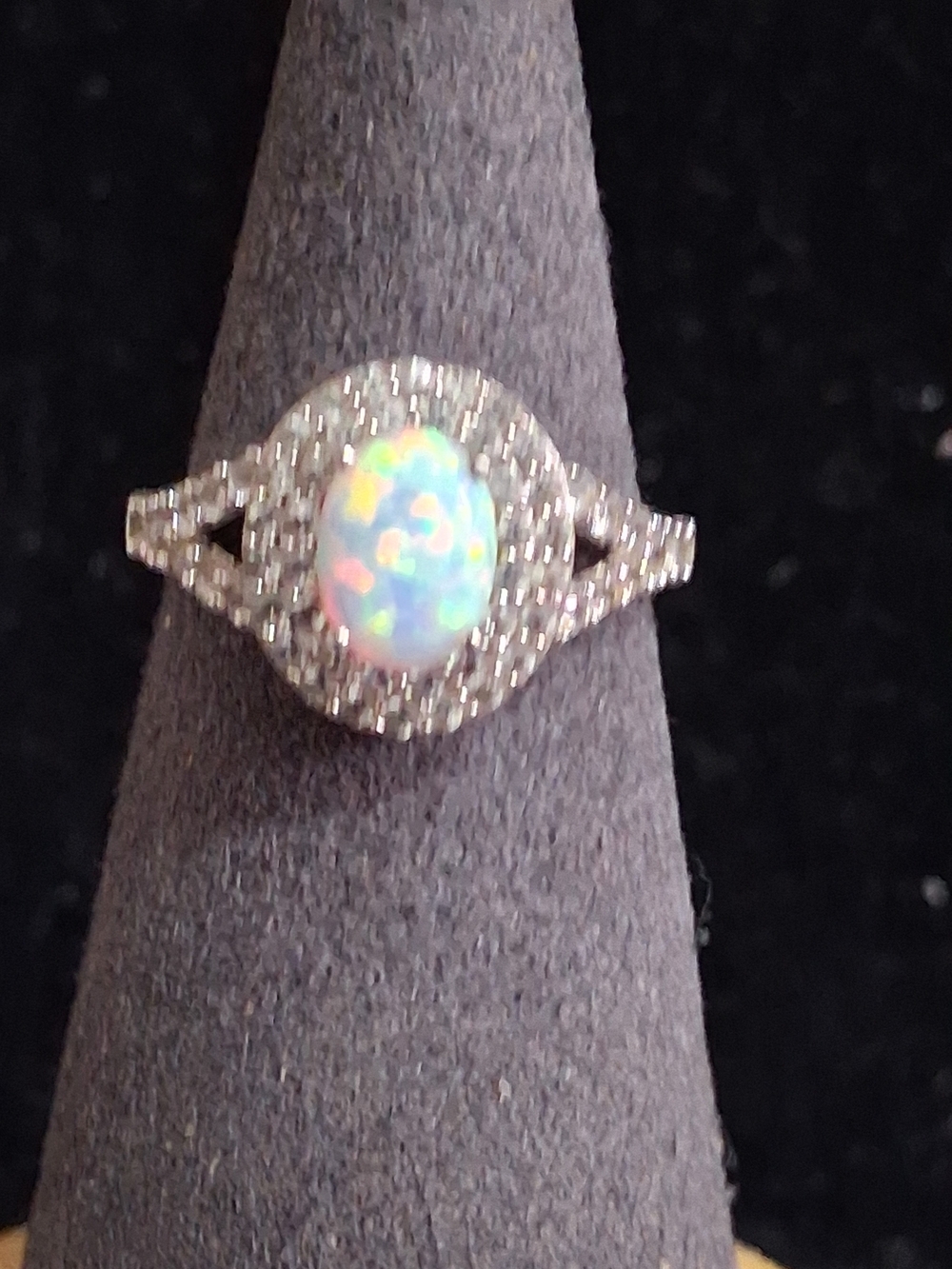 Vintage SUN 925 Sterling Silver Oval Opal Halo Ring Size 7